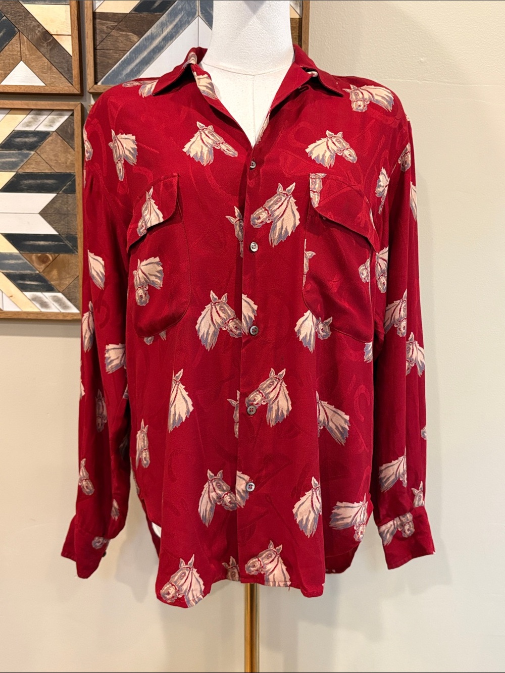 Vintage Ralph Lauren 90s Red Equestrian Horse Print Button Front Top 4 *As-Is* - Picture 3 of 16